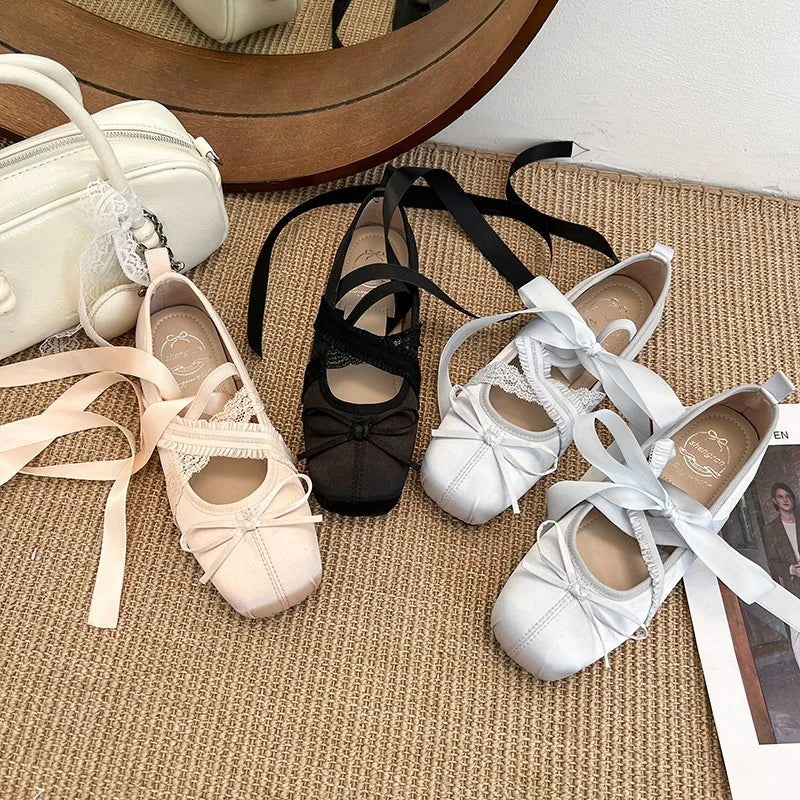 2026 Women Satin Ballet Shoes Breathable Lightweight Ribbon Lace Up Non Slip Square Toe for Office Summer Daily All Season Wear