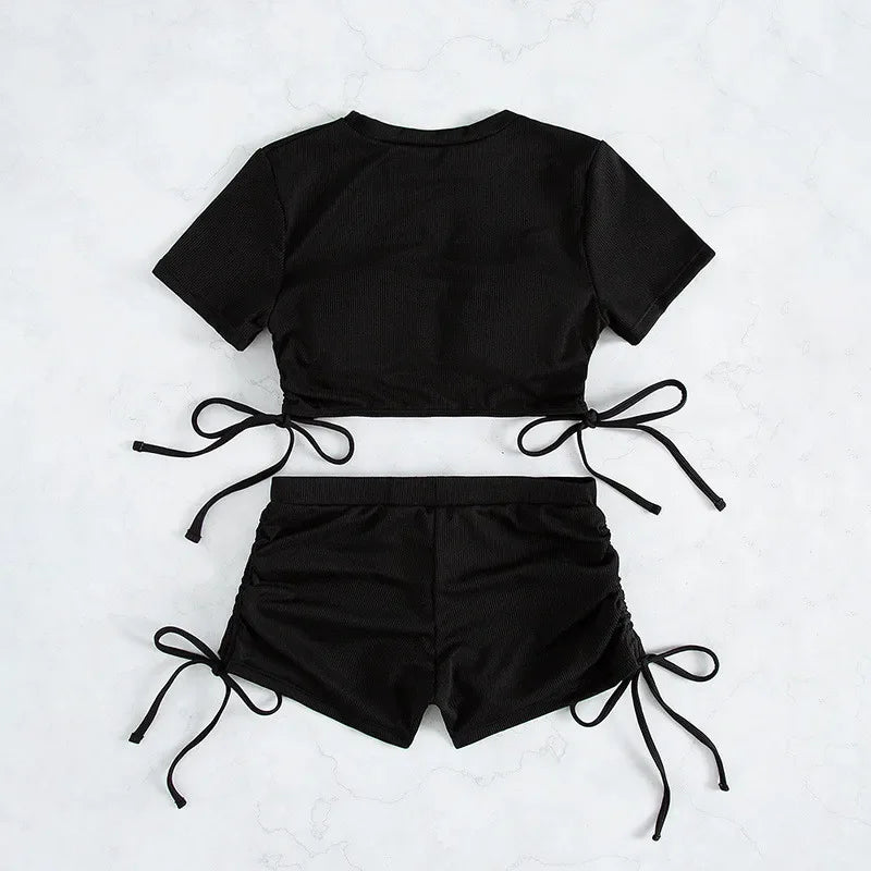 Crop Top Shorts Bottom Swimsuits Women Black Drawstring Swimwear Ribbed Bikinis Sets Bathing Suit Beach Wear Bikini Mujer 2026