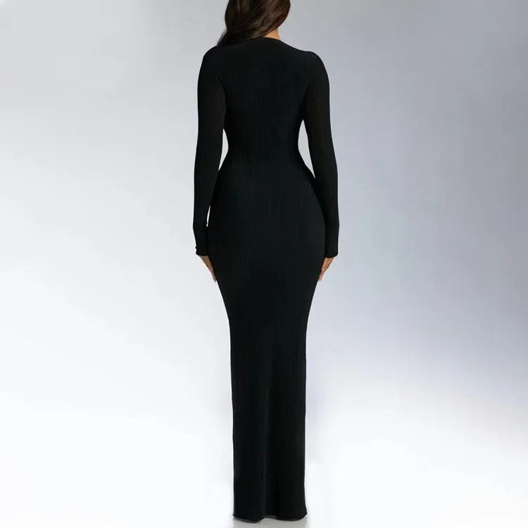 Trendy Solid Color Slim Long Dresses Women Sexy Deep V-neck Hollow Out Leace-up Package Hip Bodycon Party Dress Female Vestidos