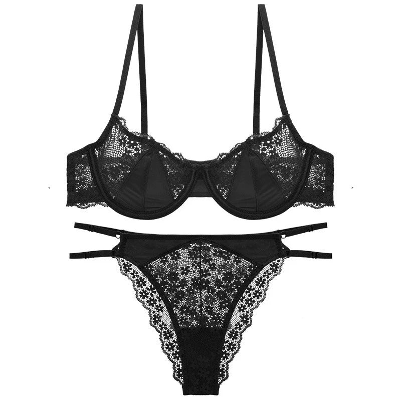 French Sexy Lingerie Ultra-thin Satin Lace Lingerie Set Anti Sagging Bra Half Cup Ultra-thin Lace Gather Anti-sagging Bra Set