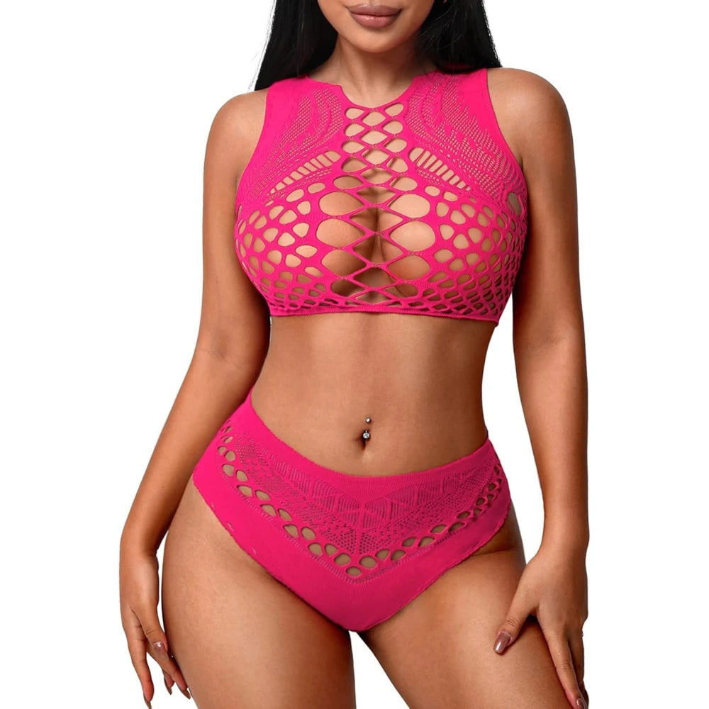 Fishnet Lingerie 2 Piece Set Hollow Out Sleeveless Crop Top And High Waist Panty Cut‑out Mesh Intimate Sleepwear Dating Outfits