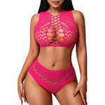 Fishnet Lingerie 2 Piece Set Hollow Out Sleeveless Crop Top And High Waist Panty Cut‑out Mesh Intimate Sleepwear Dating Outfits