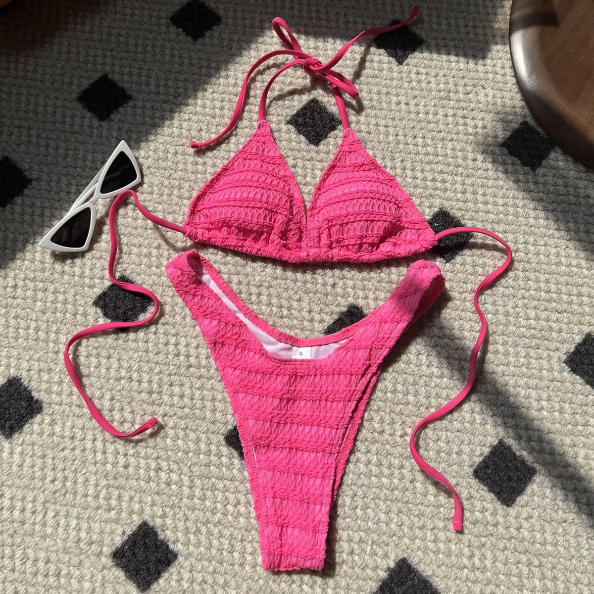 Sexy Knitted Hollow Handmade Crochet Bikini Set Women Pink Bandage Criss Cross Micro Swimsuit Bathng Suit Thong Swimwear