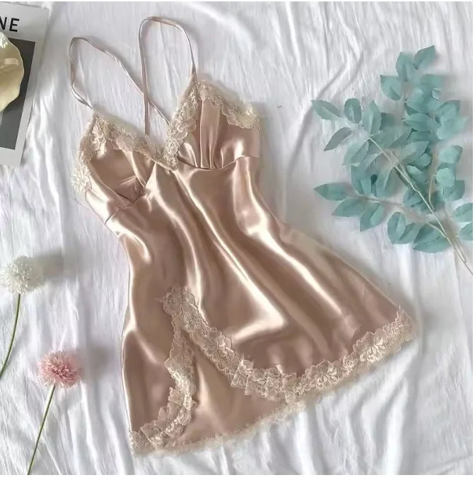 Sexy Lace Patchwork Camisola Lingerie Nighty Wedding Silk Dress Sleep Wear Nightdress Clothes Women's Nightgowns Sexy Nightwear