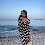 Knitted Dress Leace-up Vestido Dresses 2025 Woman Beach Hollow Out Slim Vacation Beachwear Temperament Long Sleeves Holiday Sexy