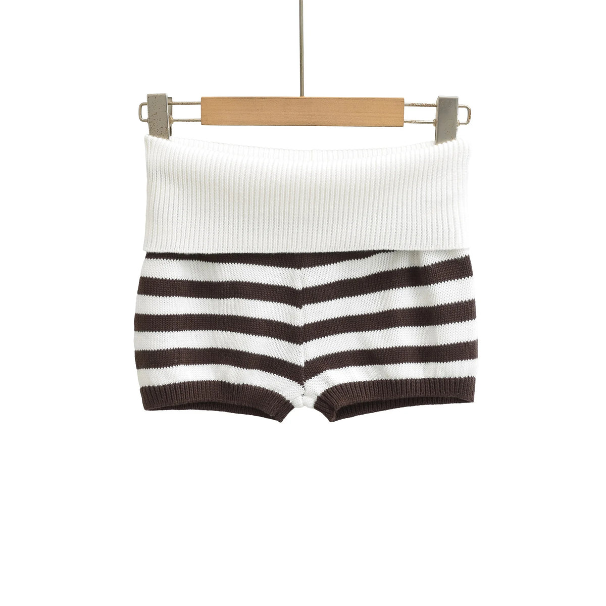 Stripe Fold Over Waist Knit Shorts For Women Soft Stretch Ribbed Fabric Relaxed Fit Retro Perfect For Casual Street Style V0HI
