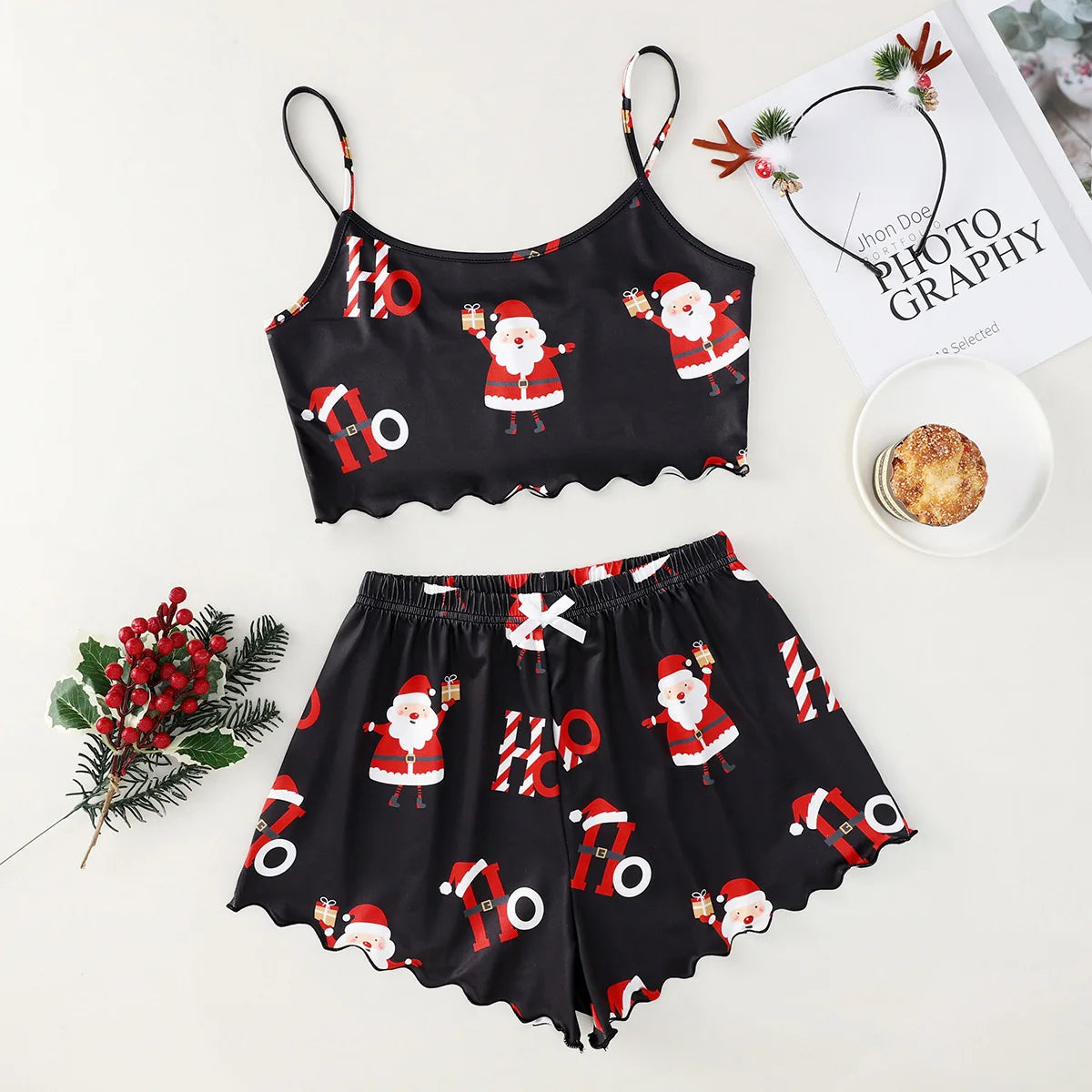 Christmas Clothes Cute Soft Gingerbread Print 2 Pieces Pajama Set Women's Sleepwear Crop Tops and Shorts Sets Loungewear