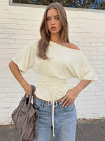 FDYOUI Sexy Short Sleeve Lace-up T-shirts Women 2026 Summer Diagonal Collar Corset Tops Streetwear Y2K Female Bandage T Shirt