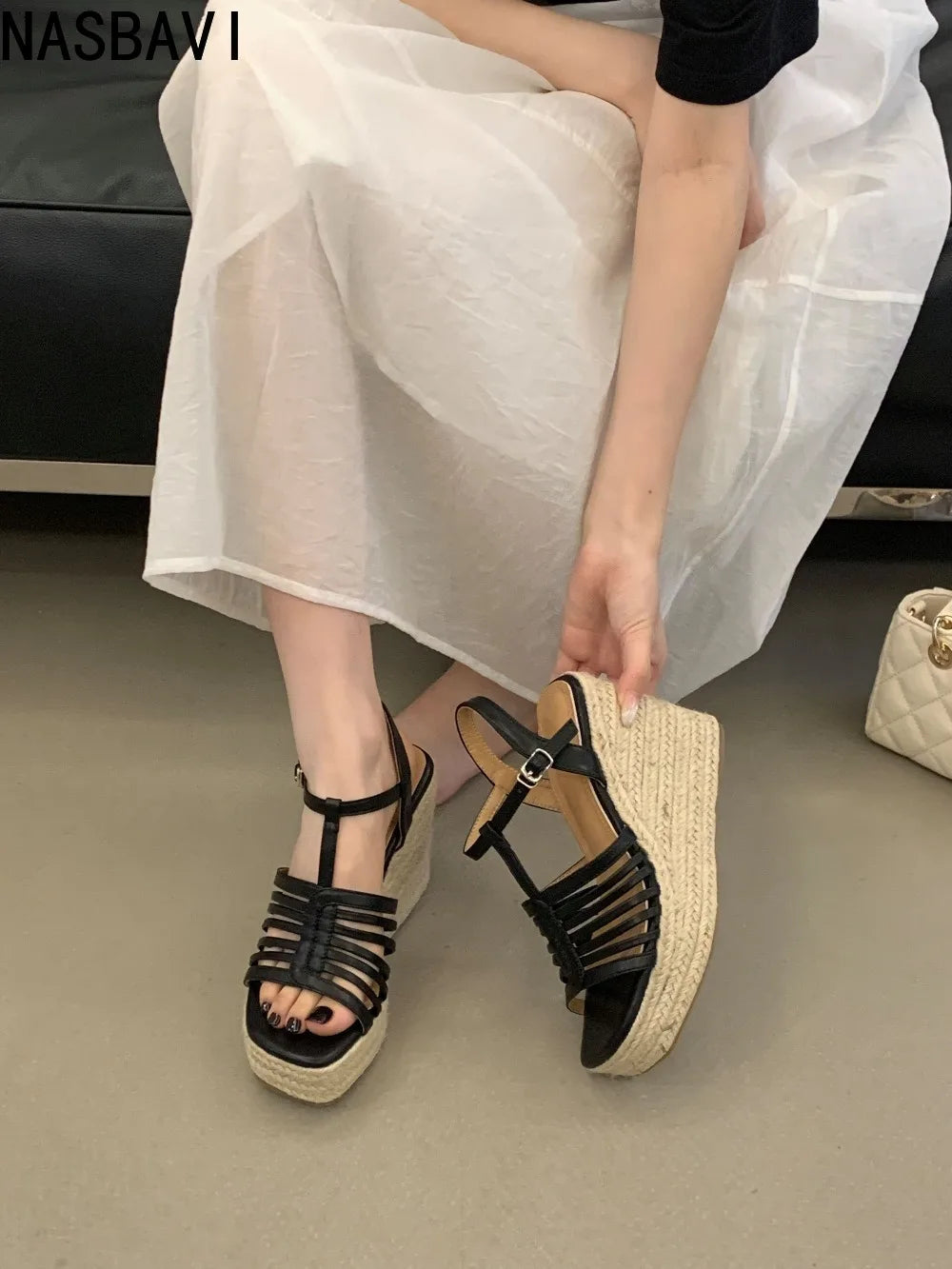 9cm Heeled Wedges Ankle Sandals Black Dress Shoes for Women T-Strap Silver Chunky Heels Summer Platform Bohemia Sandals 2026
