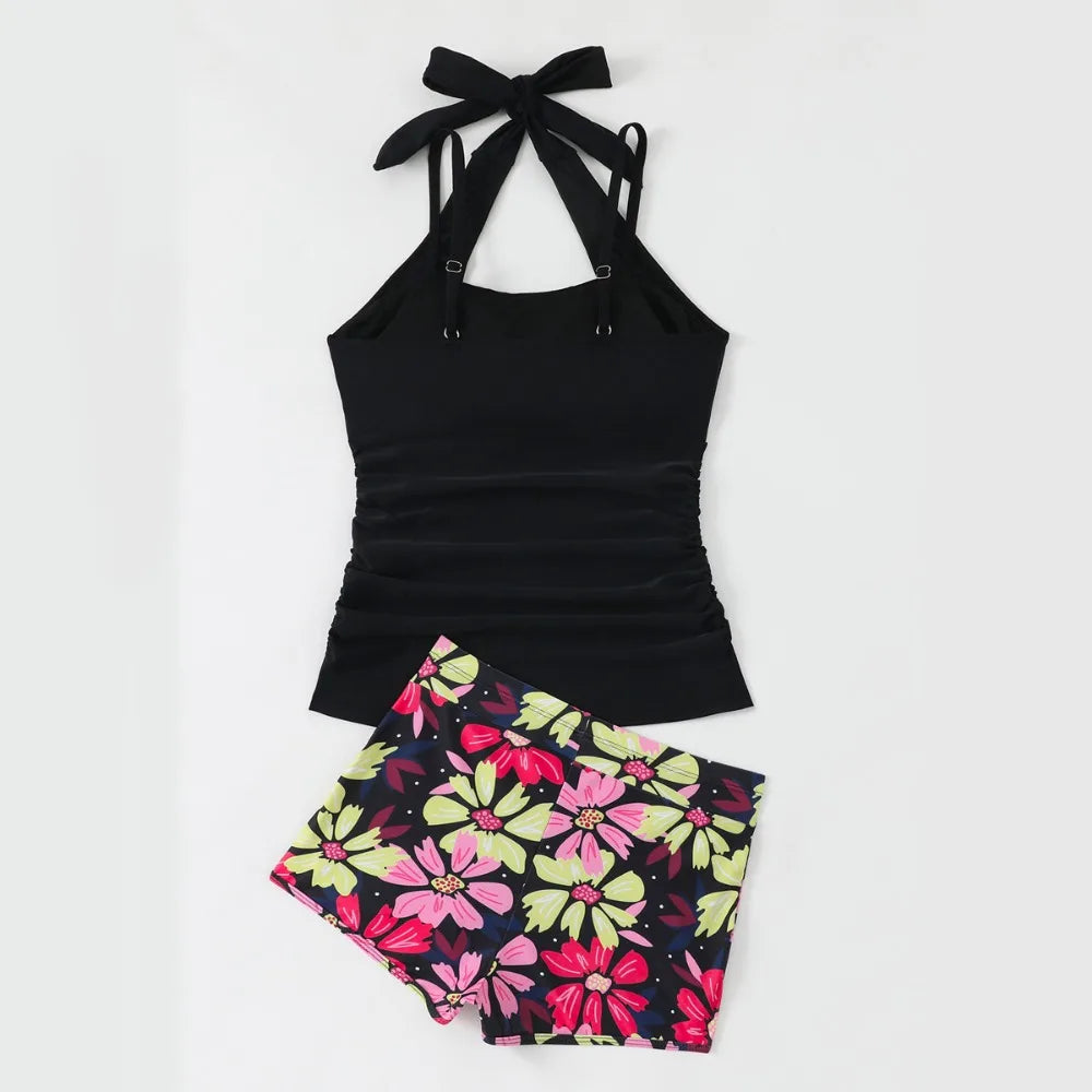 New Floral Print Tankini Sets Swimwear Halter Women Two Pieces Swimsuit Summer Slimming Sporty High Waisted Bathing Suits Shorts