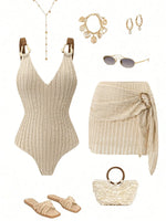 Vintage Beige Ribbed Swimwear Skirt Set Women Metal Buckle Strap V Neck Hollow Out Backless Bathing Suit One Piece Swimsuit 2026