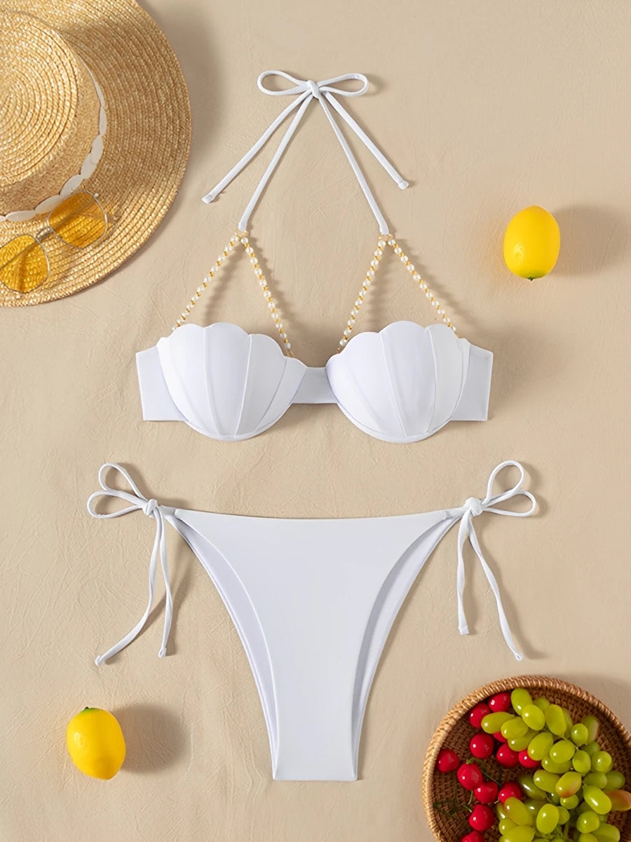 Halter Solid Bikinis 2026 Women Sexy Shell Swimsuit Push Up Pearl Swimwear Female Bathers Bathing Swimming Swim Suit Beachwear
