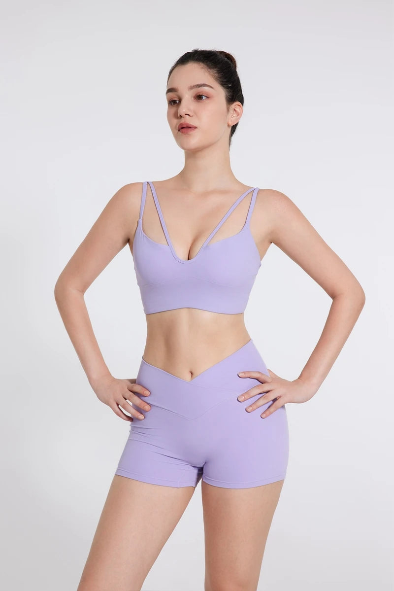 DIAS FIT JOY Women's Double Thin Shoulder Strap Yoga Vest with Chest Mat Sports Underwear V-neck Fitness Bra Yoga Back Beauty