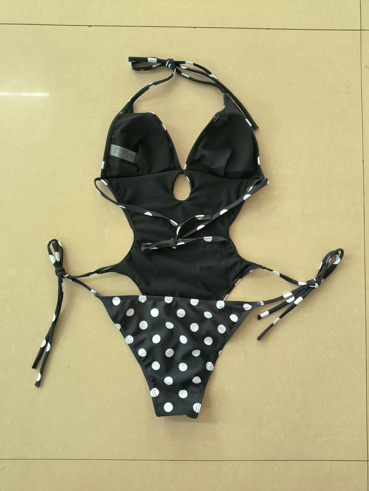 Sexy Black Polka Dot Print Swimwear Women 2026 Hollow Out Backless Tie Side Thong Bikini Bathing Suit Holiday One Piece Swimsuit