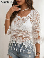 Half Sleeve Hollow Out Solid Crochet Knitted Tunic Beach Cover Up Cover-ups Beach Dress Beach Wear Beachwear Female Women V8401