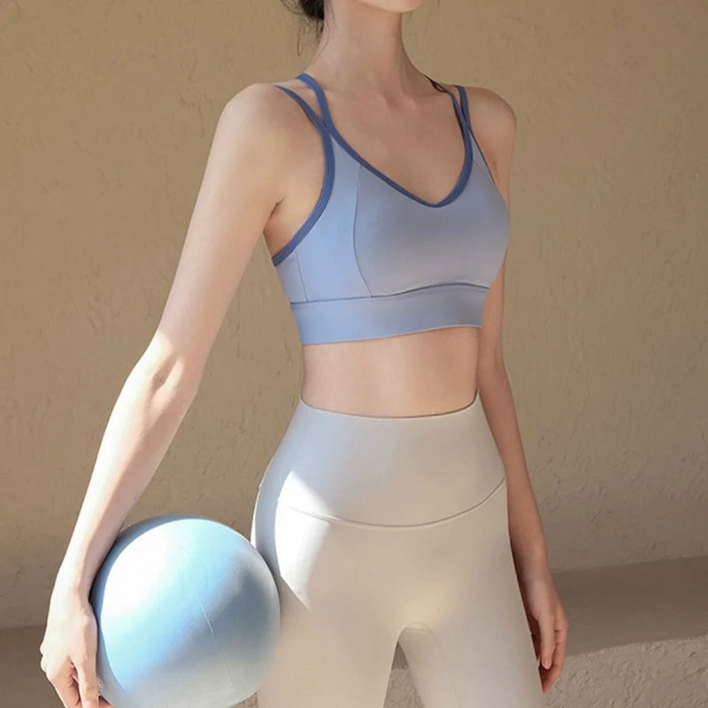 Women's Beautiful Back Contrasting Sports Bra Integrated Buckle Yoga Top Fitness Bra Supportive Active Wear