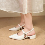 White Leather Pointed Toe Low Heel Heels Woman Shoes Pumps Fashion Buckle Strap Mules Sandals Zapatos Mujer