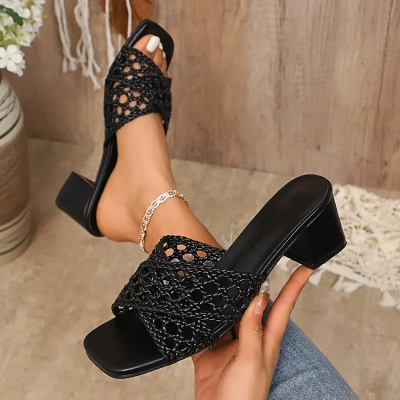 2026 Summer Plus Size High Chunky Heels Modern Sandals Hollow Weave Dressy Outdoor Hot Sale Women's Classics Fashion Slippers