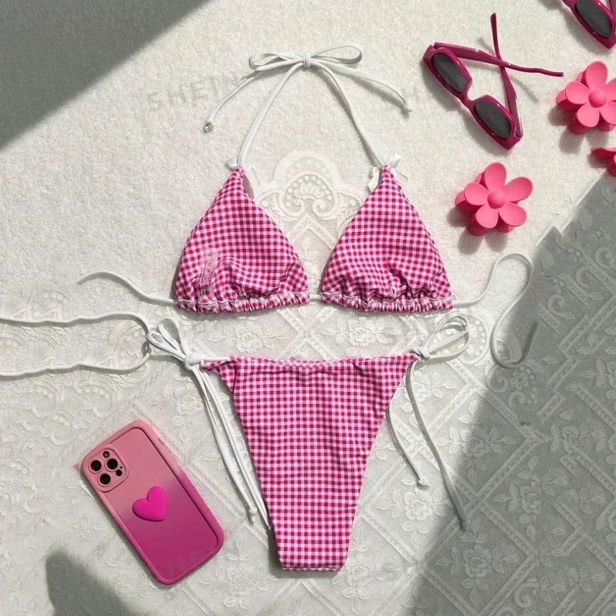 Red Plaid String Halter thong Micro Bikini for Women Mini Swimwear Lace-up Sexy Swimsuit Bathing Suit Triangle Bikinis Sets 2026