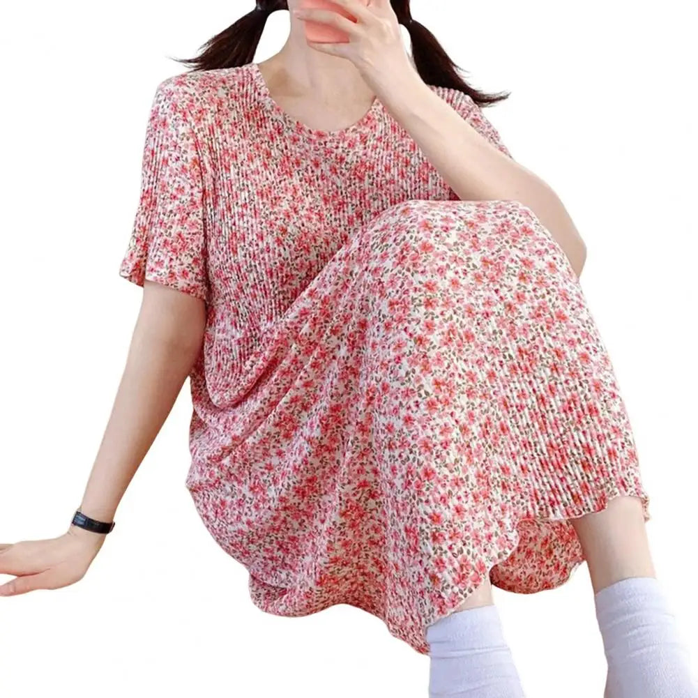 Summer Women Dress Small Flower Print Crew Neck Loose Short Sleeves Pleated Dating Shopping Midi Dress Mid-calf Length Pullover