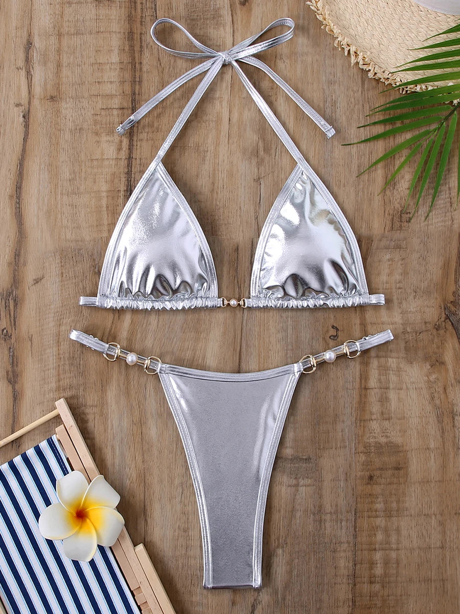 Triangle Thong Bikini 2025 Halter Pearl Link Swimsuit Women Padded Swimwear Female Bathers Bathing Swimming Swim Suit Beachwear