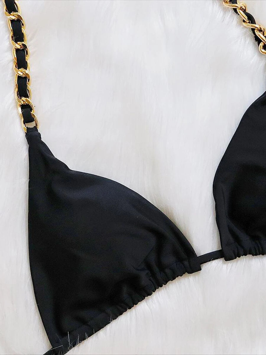 Halter Metal Chains String Micro Thong Bikini Women Swimsuit Female Swimwear Two-pieces Bikini Set Brazilian Bathing Suit Swim