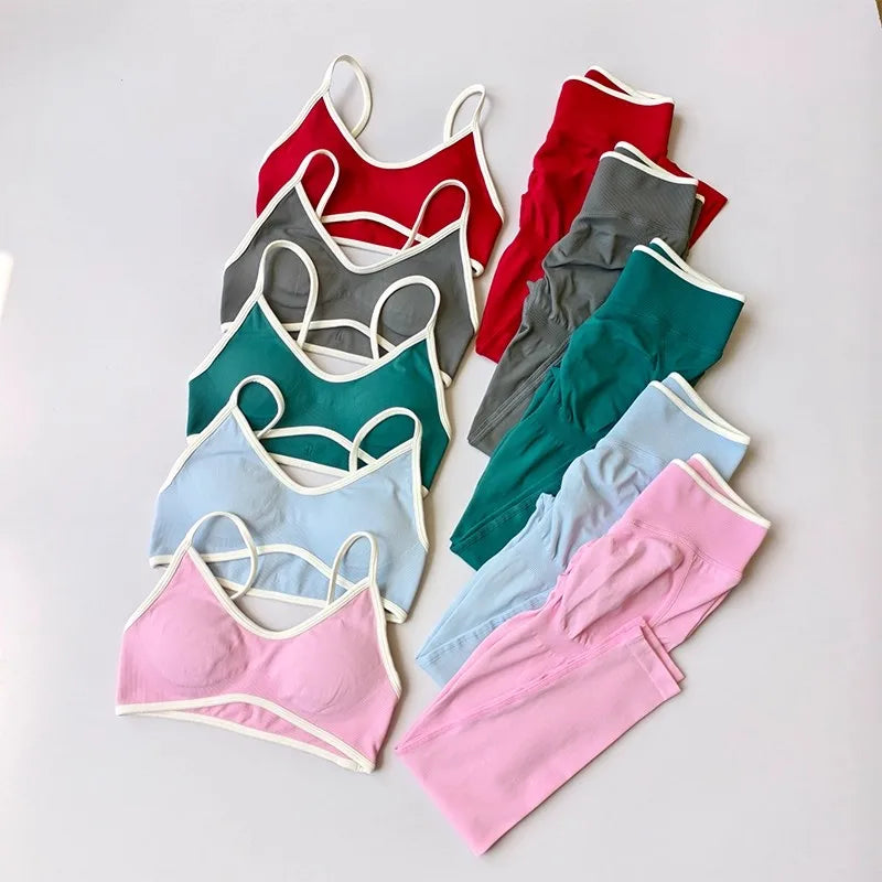 2PCS High Waisted Sports Bra Set with Contrasting Small Suspender Tight Fitting Hip Lifting Training Bra And Pants