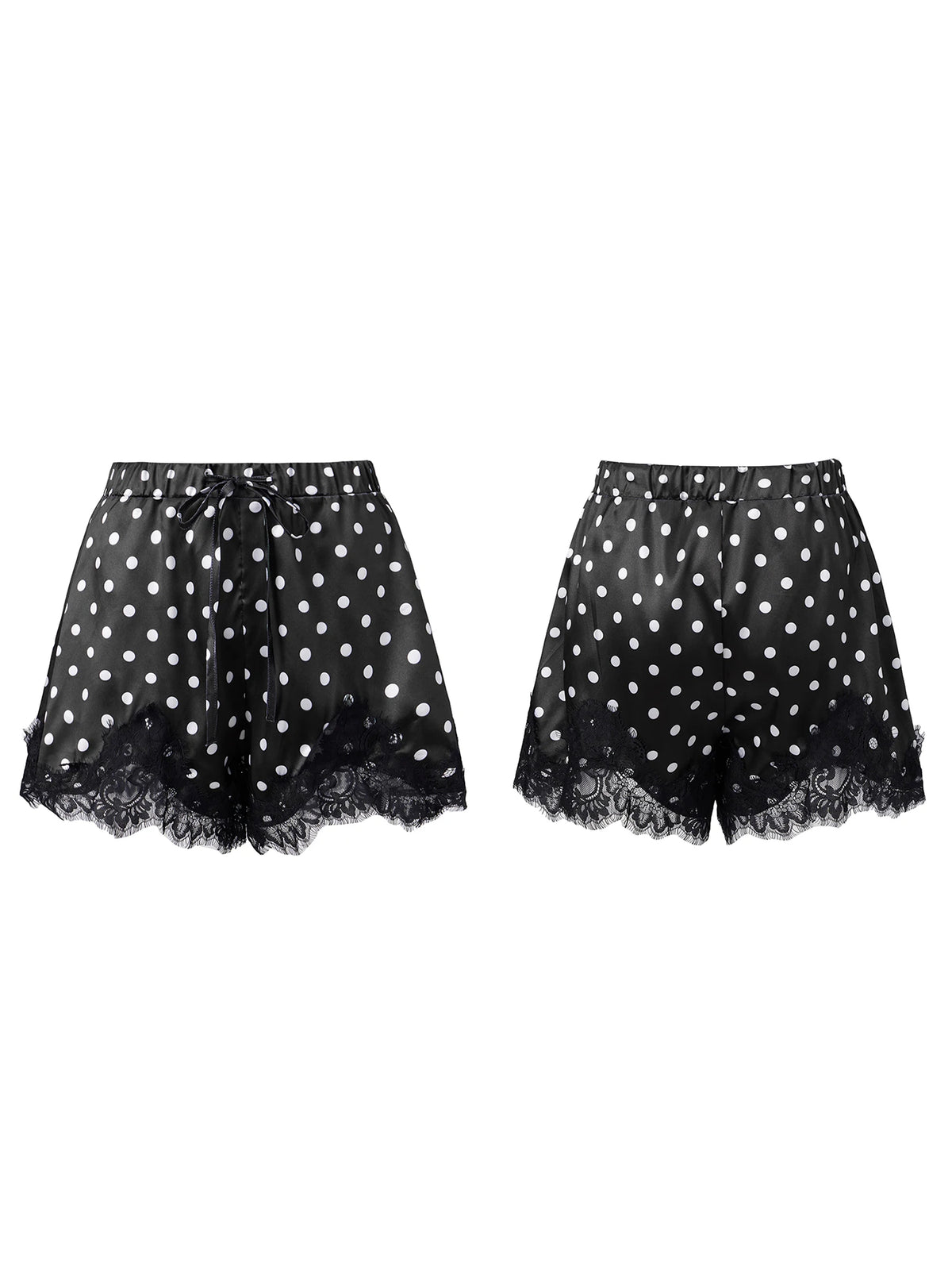 Summer Women's Dots Print Satin Shorts Elastic Waist Loose Lace Trim Hem Short Pants for Daily Casual Lounge Wear
