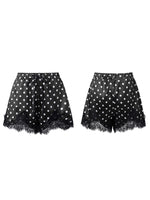 Summer Women's Dots Print Satin Shorts Elastic Waist Loose Lace Trim Hem Short Pants for Daily Casual Lounge Wear