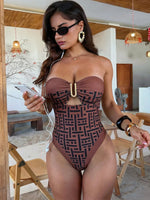 Sexy Bandeau One Piece Swimwear Women 2026 Coffee Plaid Metal U Neck Hollow Out Bathing Suits Slimming Tummy Control Swimsuit