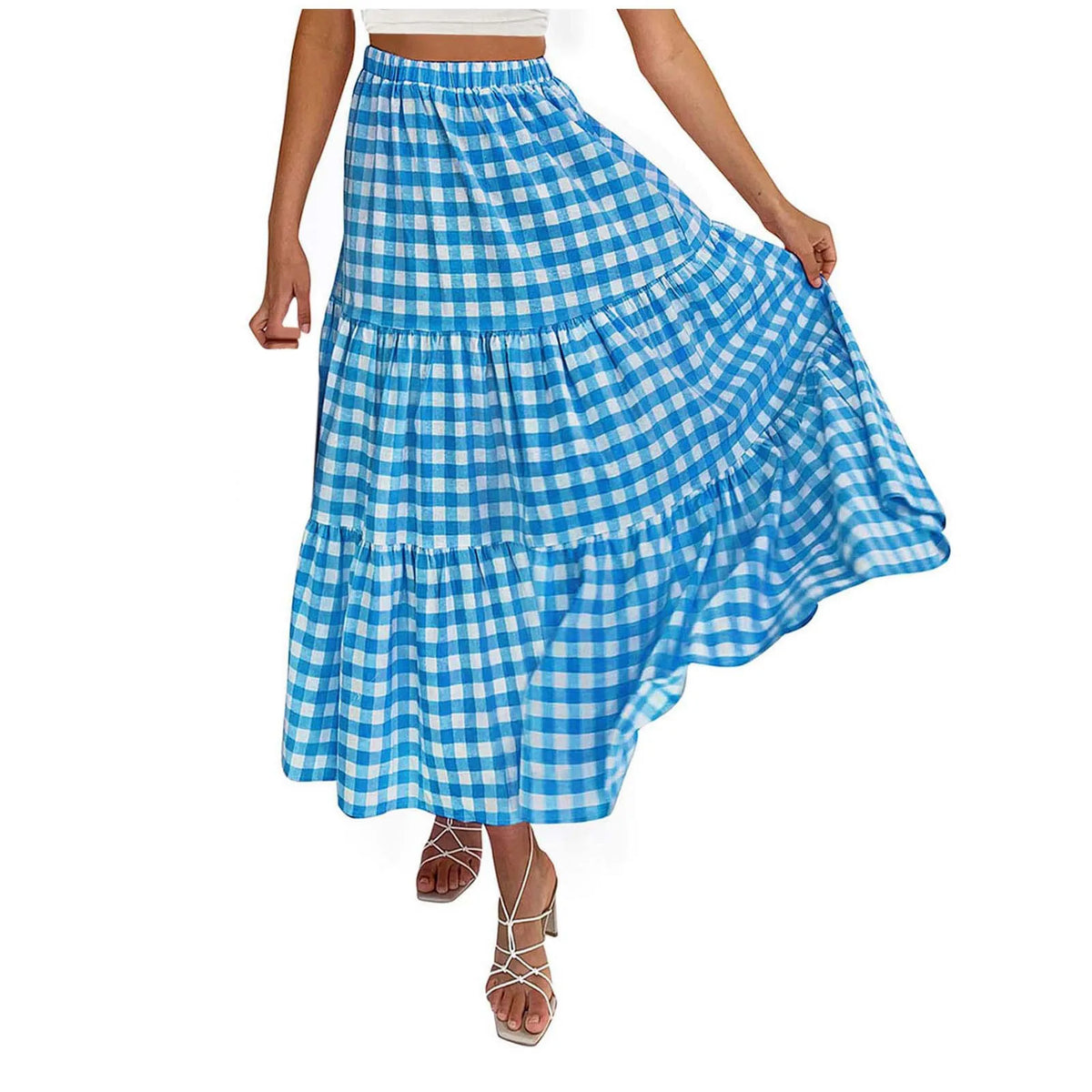 2026 Summer Vintage Checkered Maxi Skirt Women High Waisted Elastic Plaid Ruffle Long Skirts Retro Sweet Cake ALine Skirts