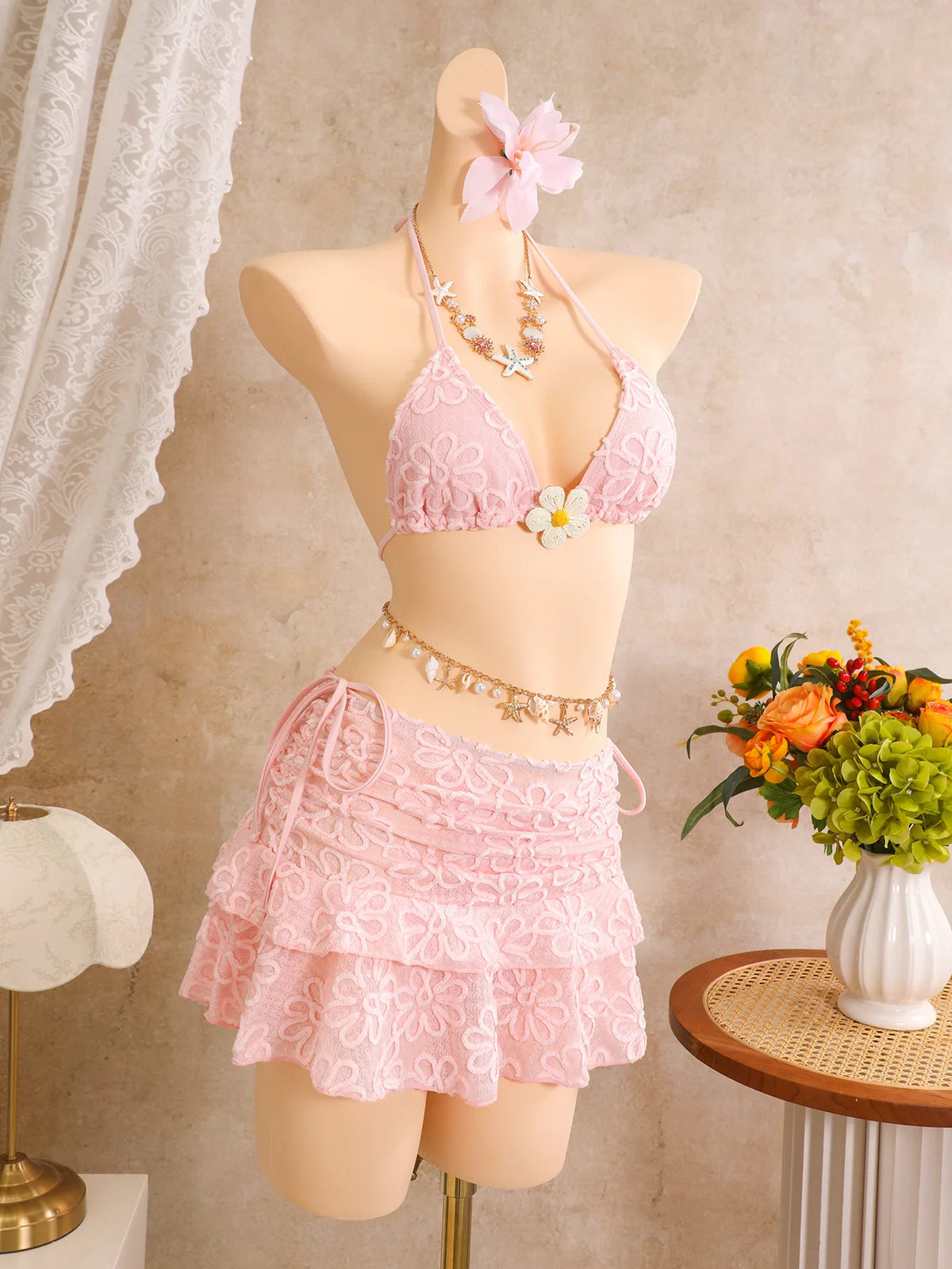 Vintage White Floral Embroidery Bikini Set 2026 Women 3D Flower Push Up Bra Pleate Skirt 3 Piece Swimsuit Bathing Suit Swimwear