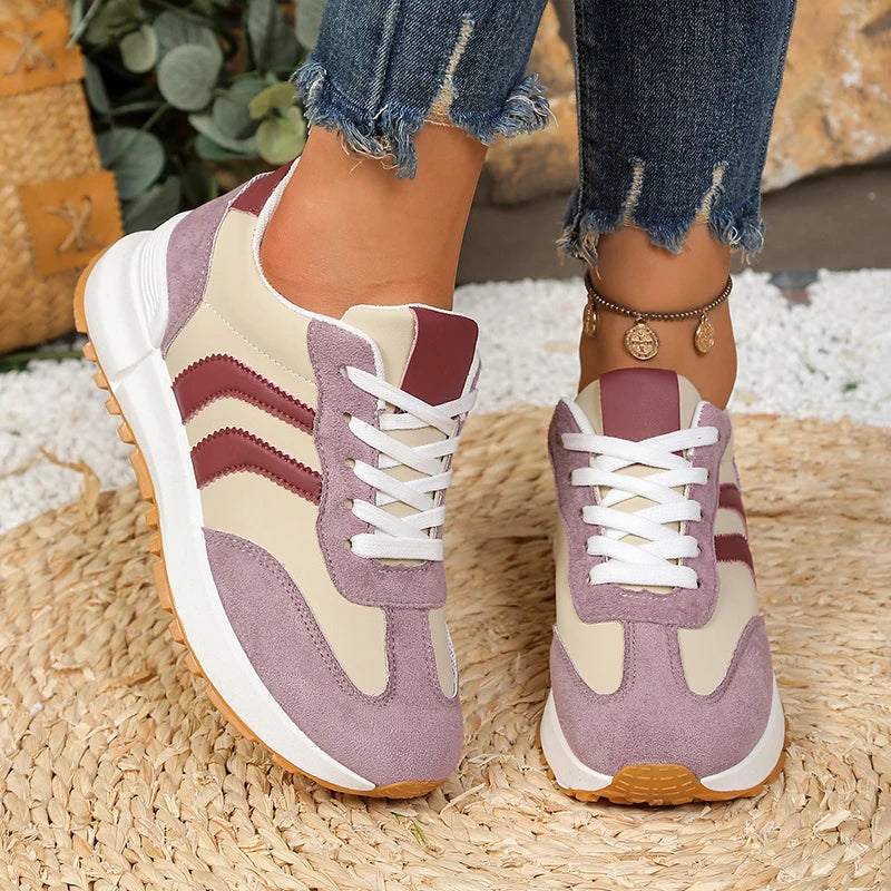 Fashion Mixed Color Women's Sneakers 2026 Spring Lace Up Non Slip Sport Shoes Women Comfort Thick Sole Running Walking Shoes