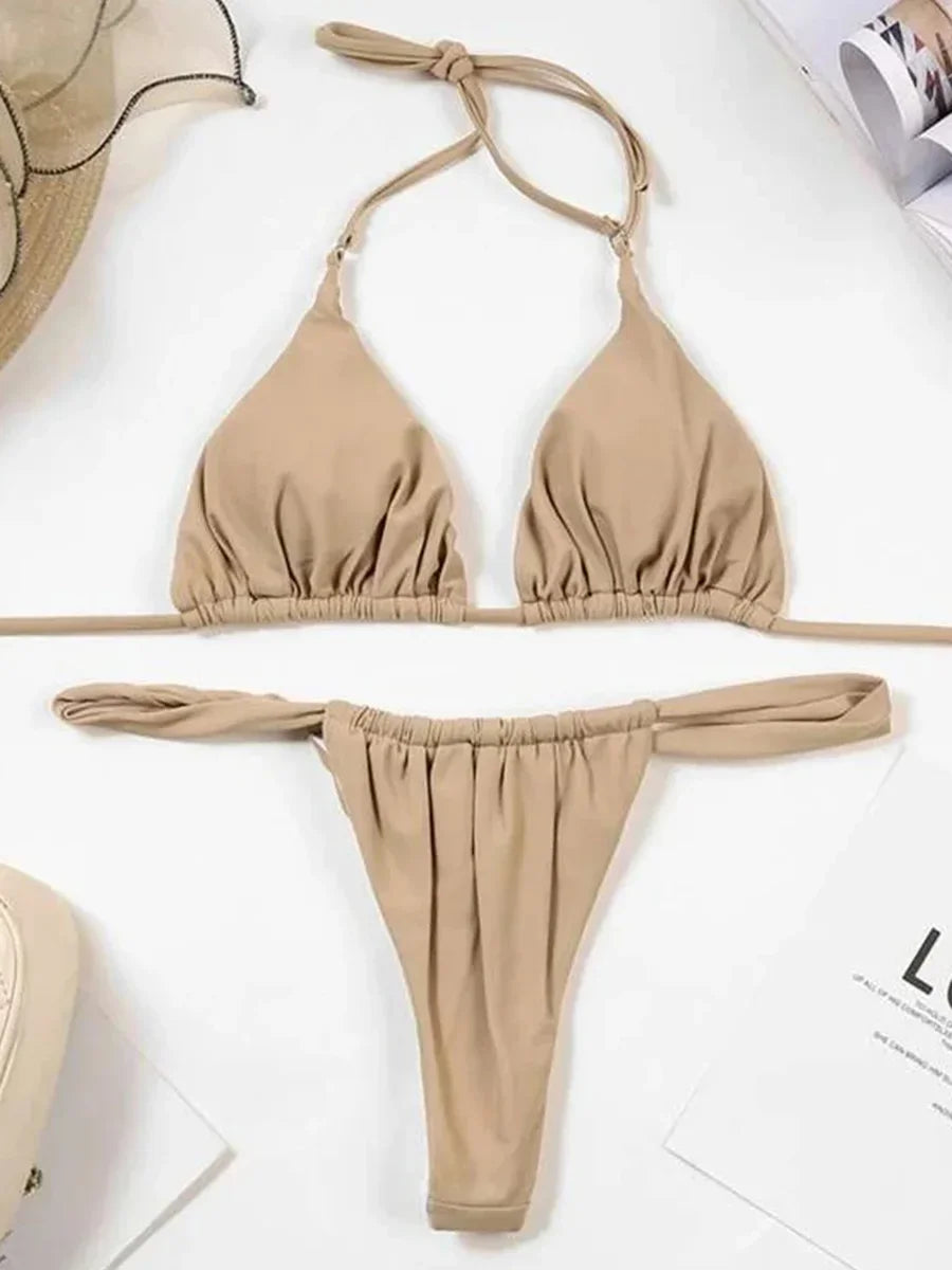 Wrinkled High Cut Mini Micro Thong Bikini Women Swimwear Female Swimsuit Two-pieces Bikini Set Halter Bather Bathing Suit Swim