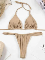 Wrinkled High Cut Mini Micro Thong Bikini Women Swimwear Female Swimsuit Two-pieces Bikini Set Halter Bather Bathing Suit Swim