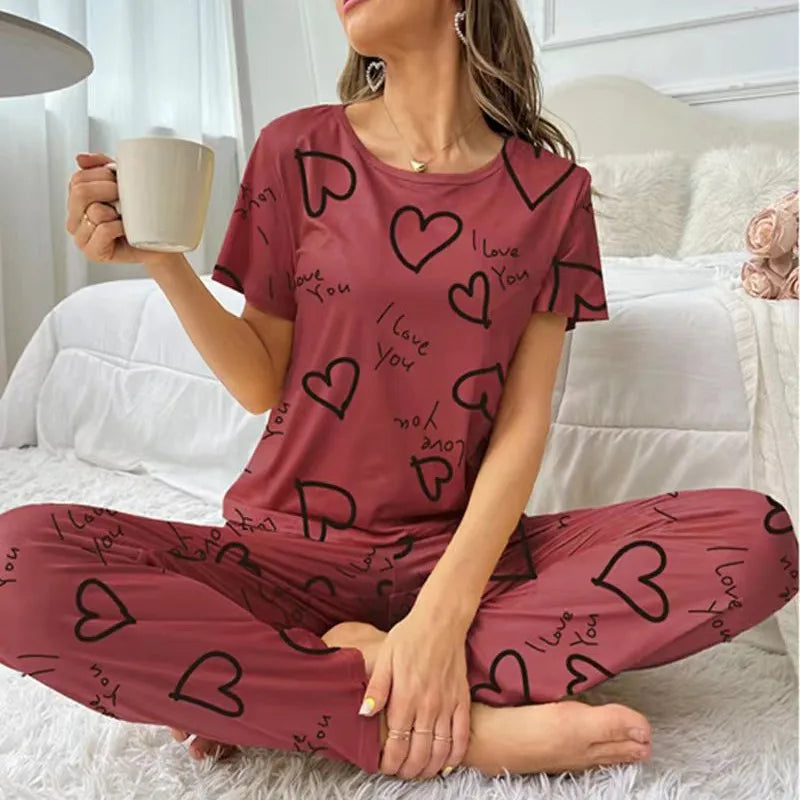 Women Pajamas Short Sleeved Pants Pajama Set Heart Printed Pajama For Spring Autumn Soft Comfortable Homewear Valentine's Pajama