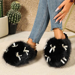 Women Winter Fluffy Closed Toe Slippers Sweet Bow Ornament Soft Non‑Slip Sole Warm Cozy Indoor Outdoor Casual Footwear