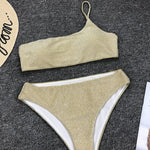 Sexy Shiny Sparkling One Shoulder Bikini Female Swimsuit Women Swimwear Two-pieces Bikini Set High Waist Bathing Suit Swim Lady