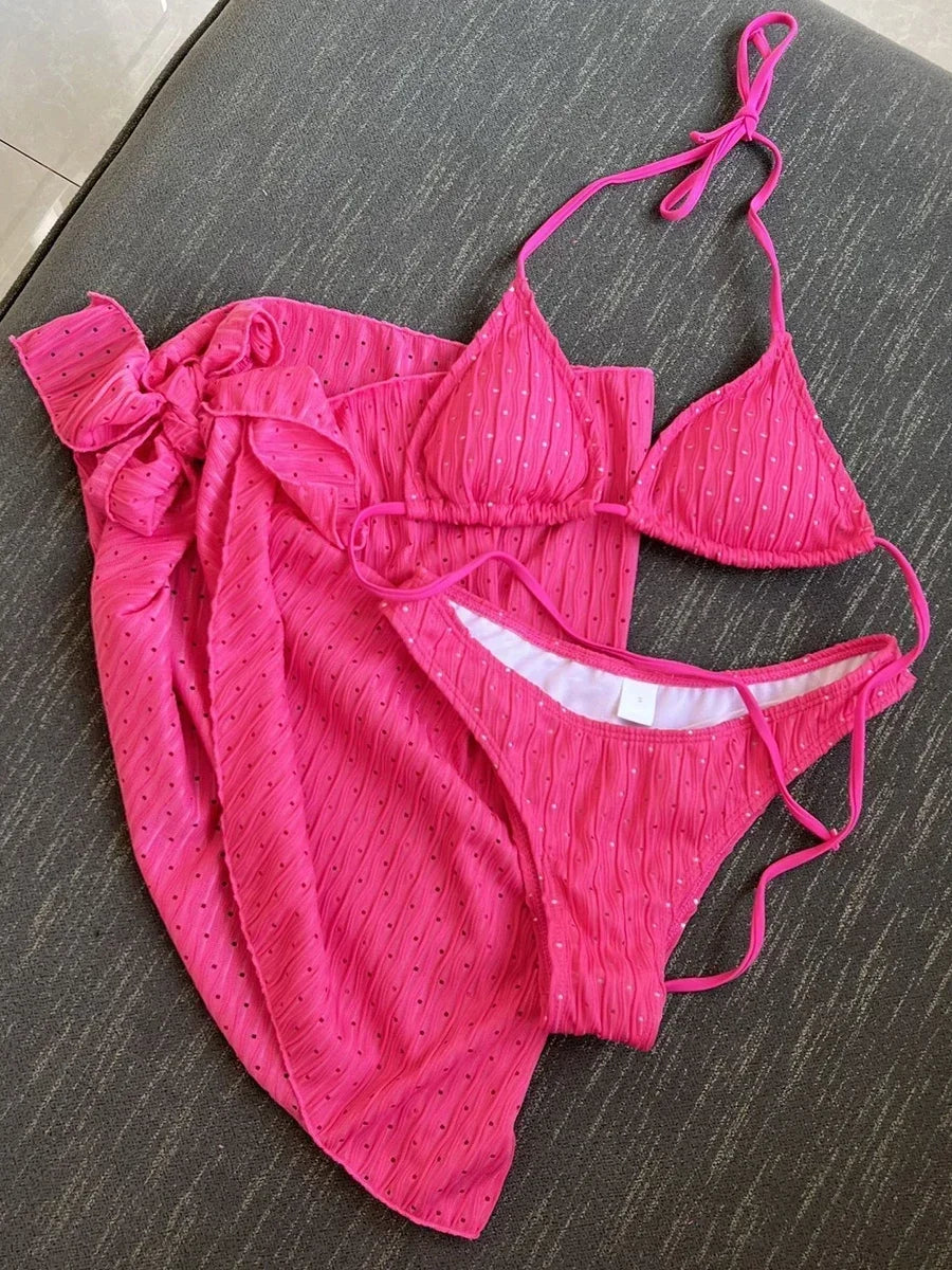 3pcs Sarong Beach Cover Up Skirt Wrinkled Bikini Women Swimwear Female Swimsuit Three-pieces Bikini Set Bathing Suit Swim Lady