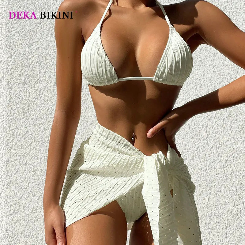 DEKA Triang Bikini Set High Waist Swimwear Women Halter Female Solid Bandage Swimsuit Bather Bathing Suit Swim Beachwear Biquini