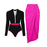 Black And Printed Long Sleeve Swimsuit With Cover Up Sexy Swimwear Women Surf Swim Suit Slimming Bathingsuit Bodysuit Beachwear