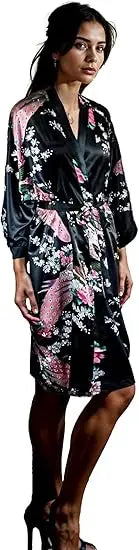 Lace Up Woman Peacock Print Japanese Kimono Yukata Silk Satin Short Style Sleepwear Home Nightgown Bath Robe Costume