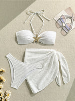 3PCS With Sarong Metal Star Halter Bikini Female Swimsuit Women Swimwear Three-Pieces Bikini Set Bather Bathing Suit Swim V7042