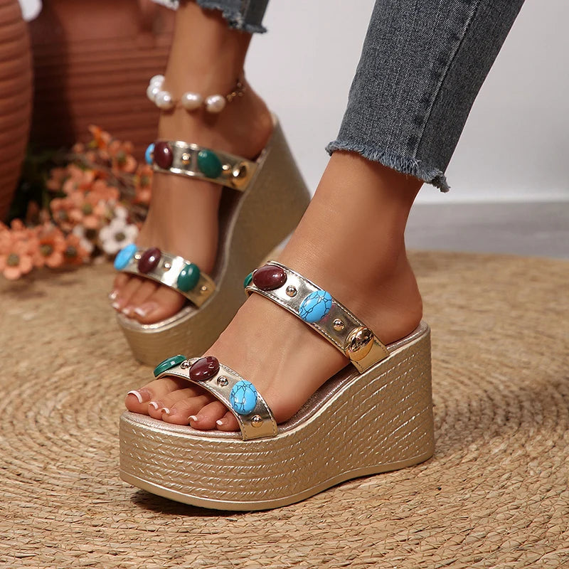 Fashion Gems Chunky Wedges Sandals Women Summer Plus Size 43 Platform Slippers Woman 2026 Gold Super High Heeled Sandalias Mujer