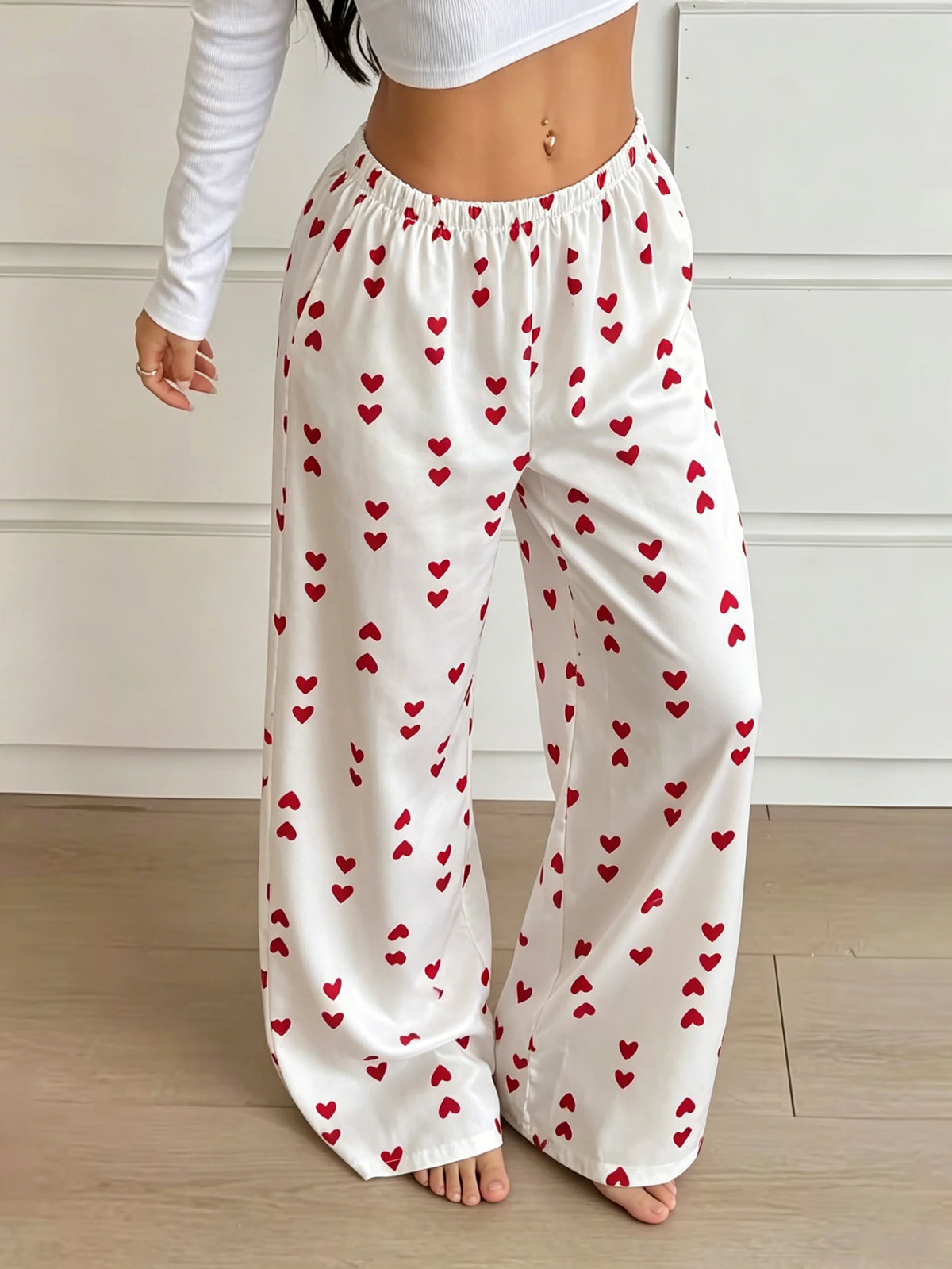 New Summer Women Satin Pajama Pants Cute Heart Pattern Elastic Waist Loose Long Sleepwear Trousers Comfortable Home Lounge Pants