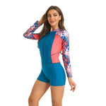 Long Sleeve Patchwork One Piece Swimsuit Training Swim Suits Beach Wear 2026 Blue Boyleg Swimwear Print Zipper Front Surf Suit