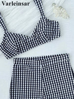 Plaid V Neck Shorts Female Swimsuit High Waist Bikini Women Swimwear Two-Pieces Bikini Set Padded Bather Bathing Suit Swim V8272