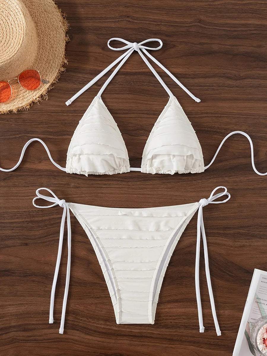 Ruffled Frilled Halter Strappy Bikini Female Swimsuit Women Swimwear Two-pieces Bikini Set Bather Bathing Suit Swim Beachwear