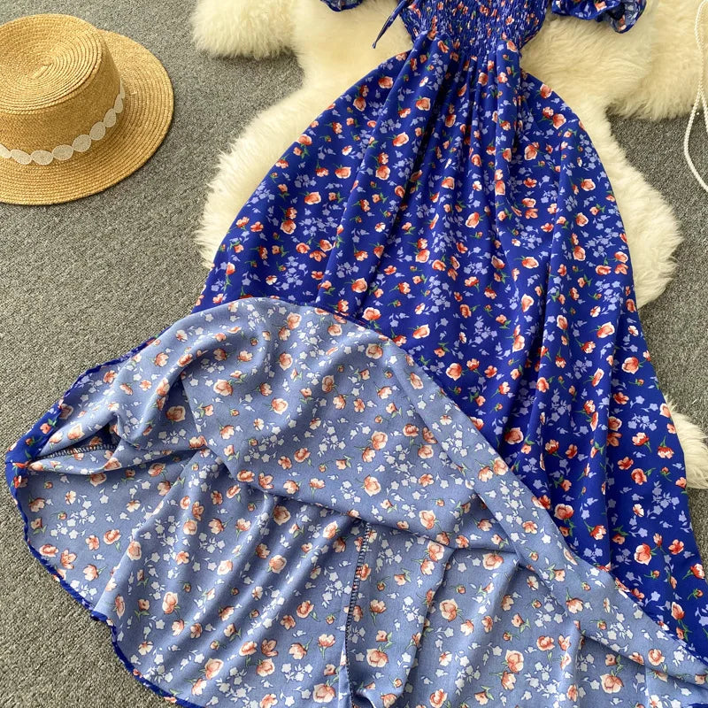 2025 Summer French Vintage Floral Dress Fashion Elegant High-Waisted Drawstring Vestidos Printed Fresh And Sweet Long Dresses