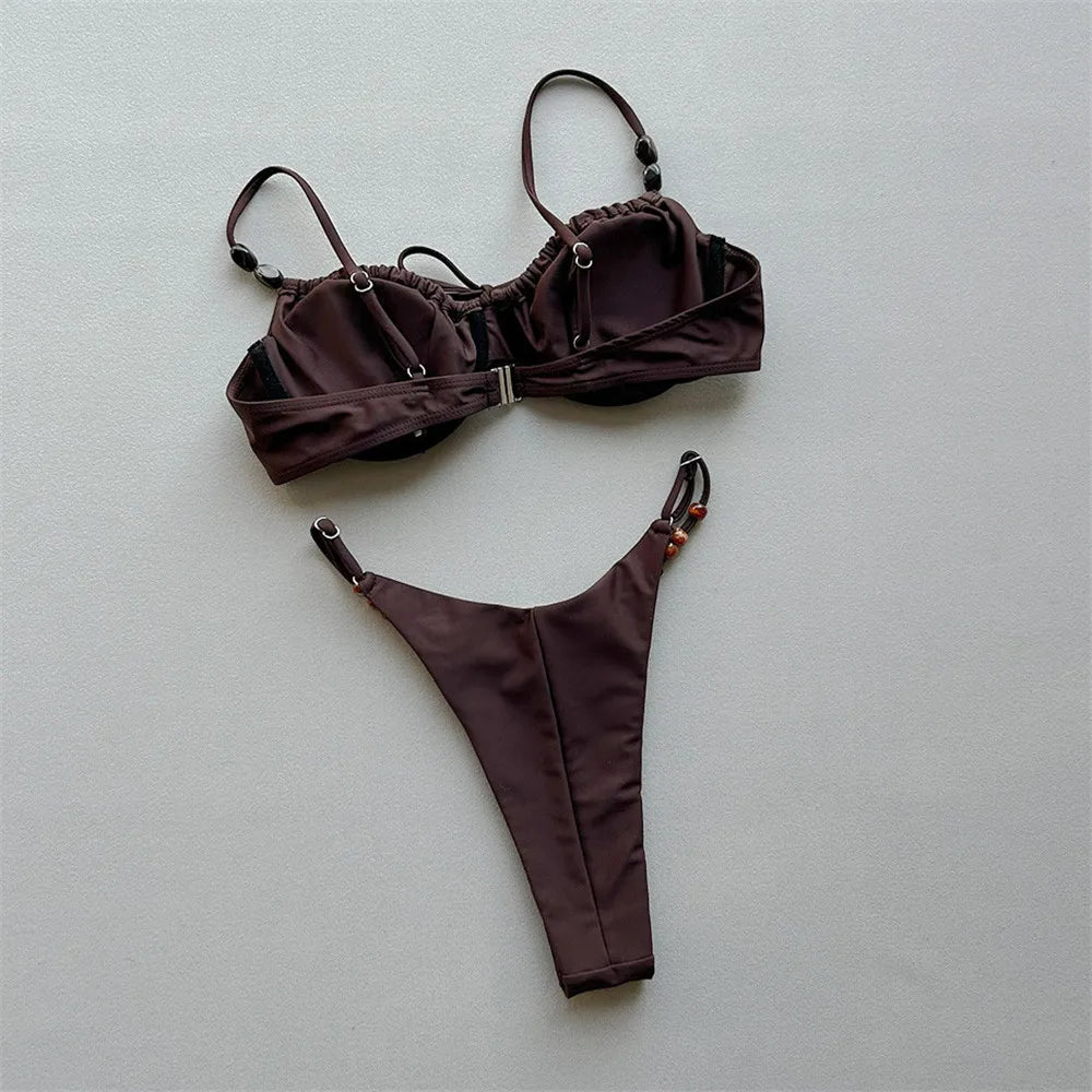 Dark Brown Bead String Swimwear Sexy Push Up Bikinis Sets Micro Thong Swimsuit Women Brazilian Bikini 2026 Mujer Swimming Suit